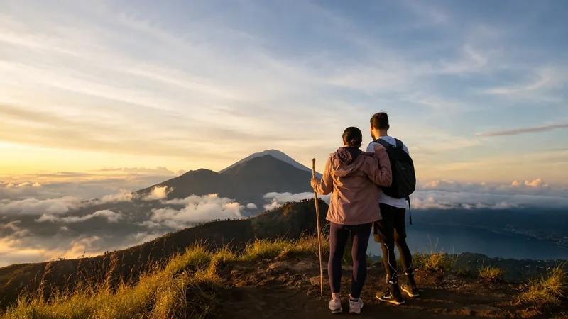 Trekkers on the Mount Batur ridge at sunrise