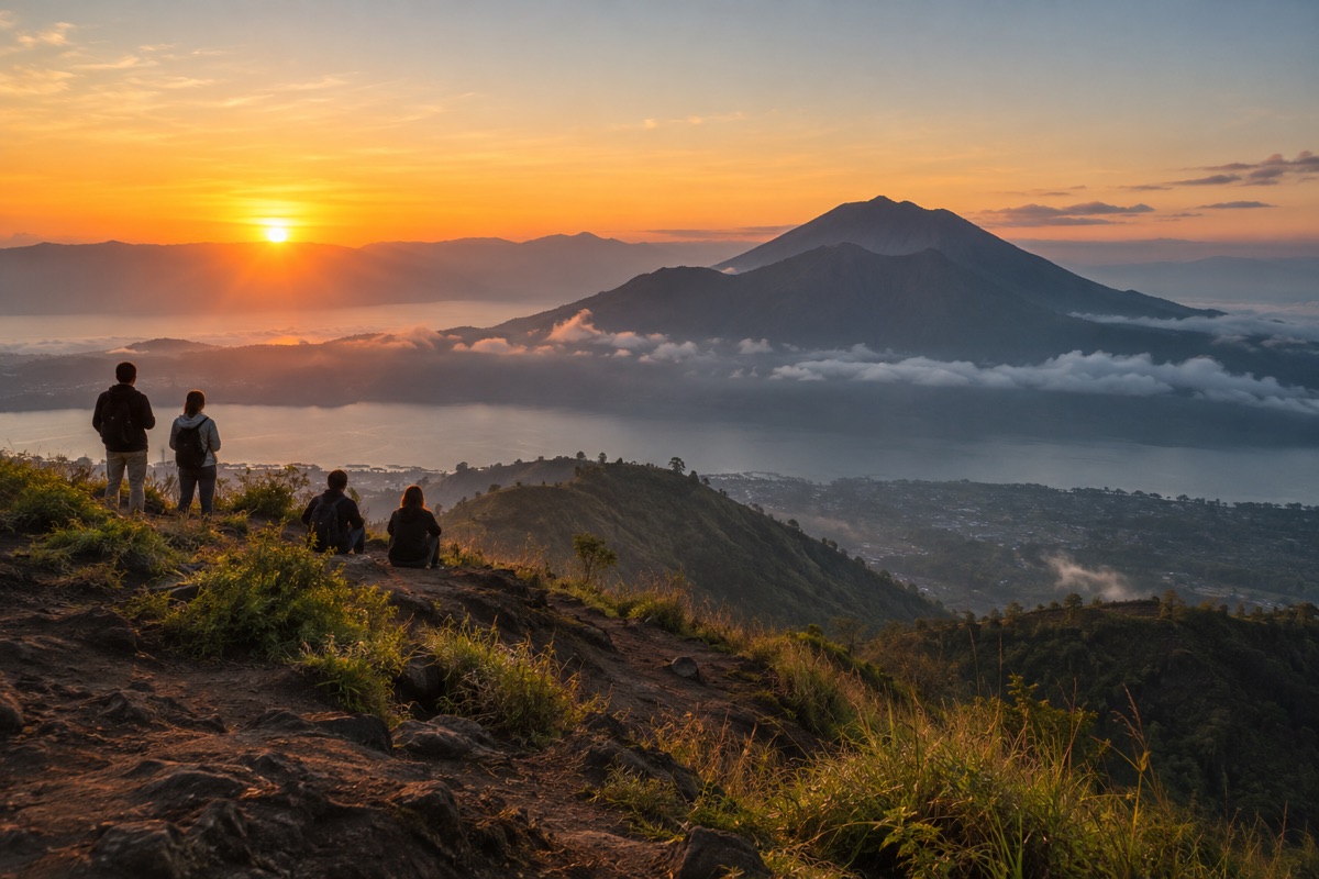 Illustrative mountain sunrise above the clouds at Mount Batur