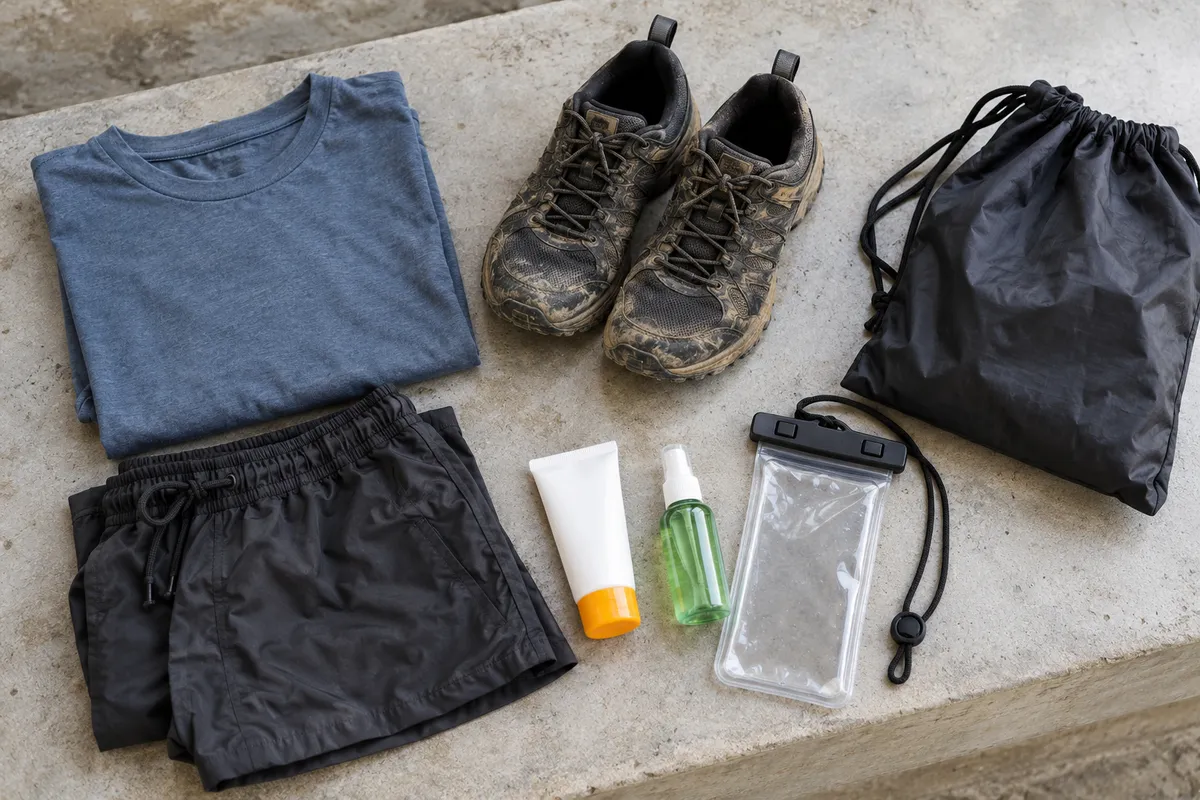 AI-generated packing illustration with dry clothes, closed-toe shoes, sunscreen, insect repellent, a waterproof pouch and a bag