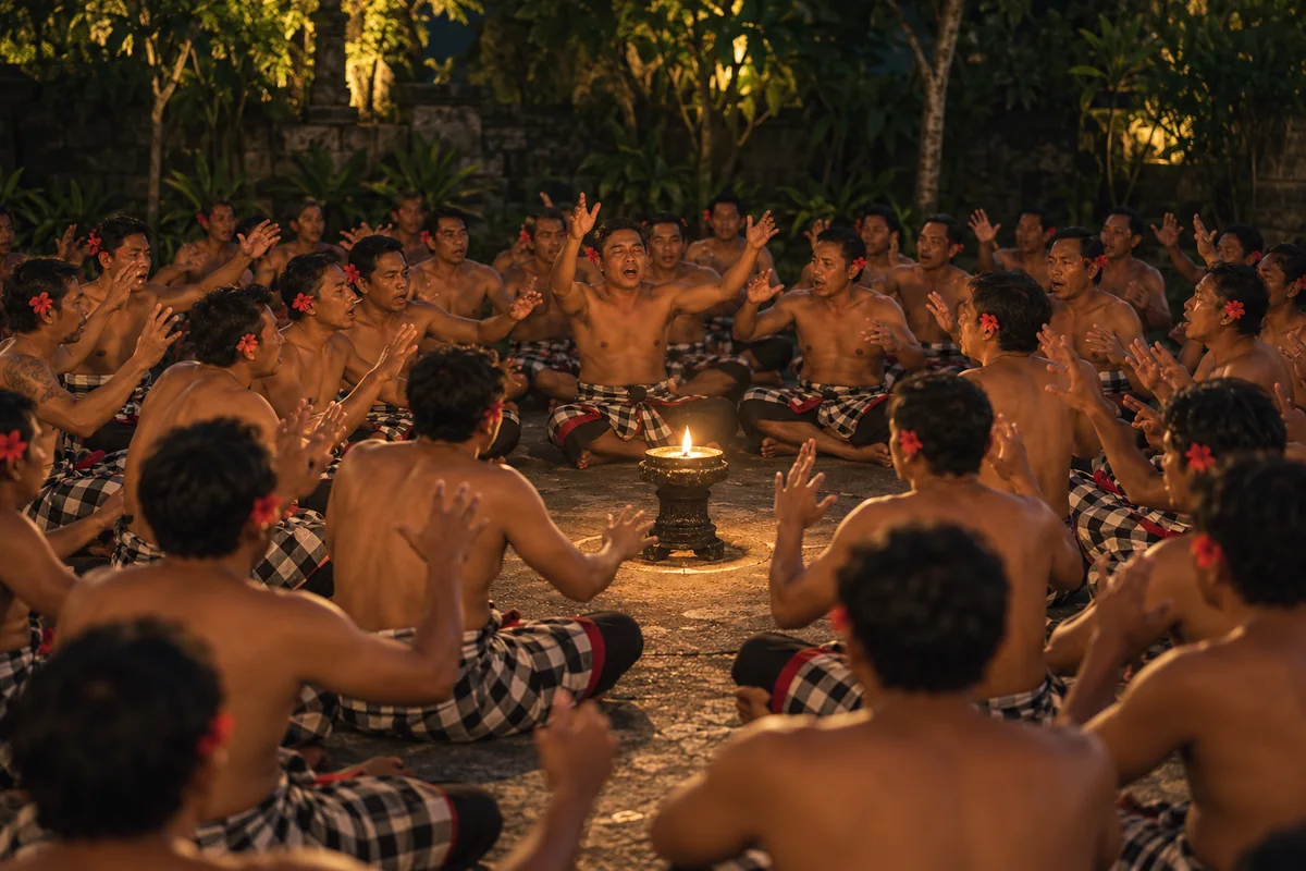 AI-generated illustration of a seated Kecak chorus around a central lamp.