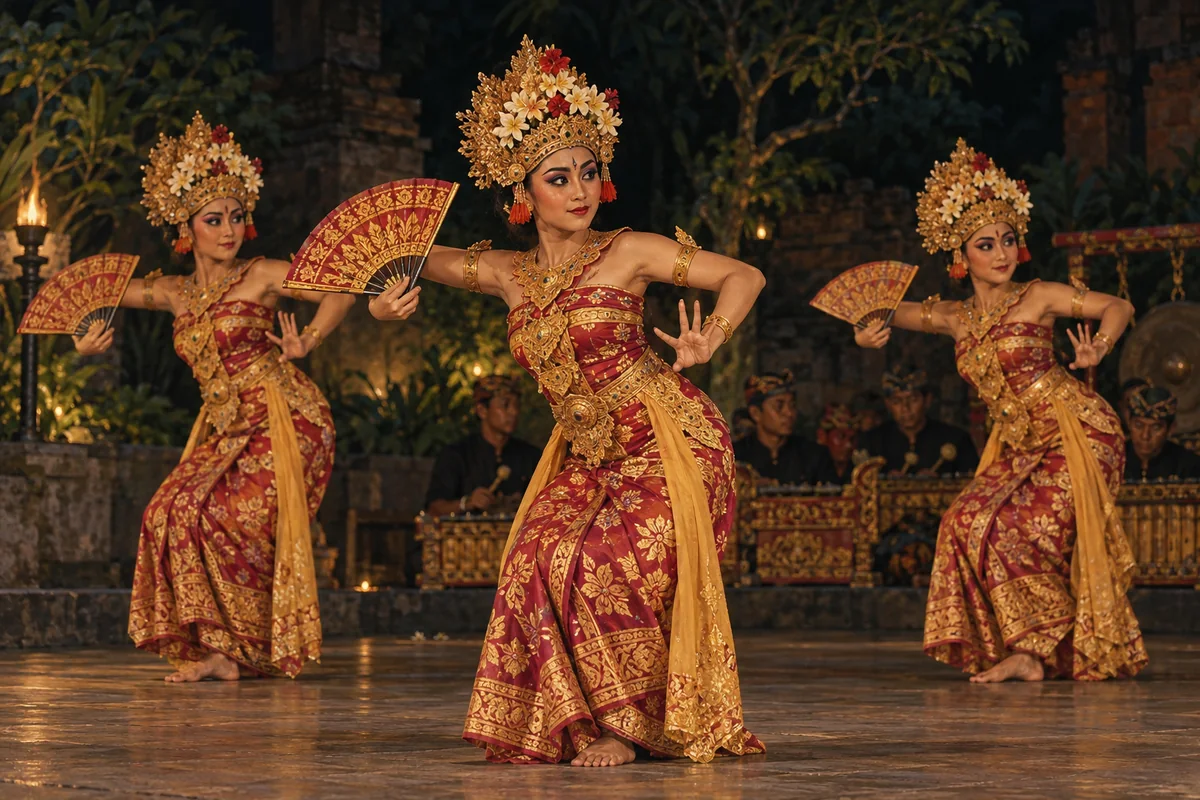 AI-generated illustration of Balinese Legong dancers in ornate costumes