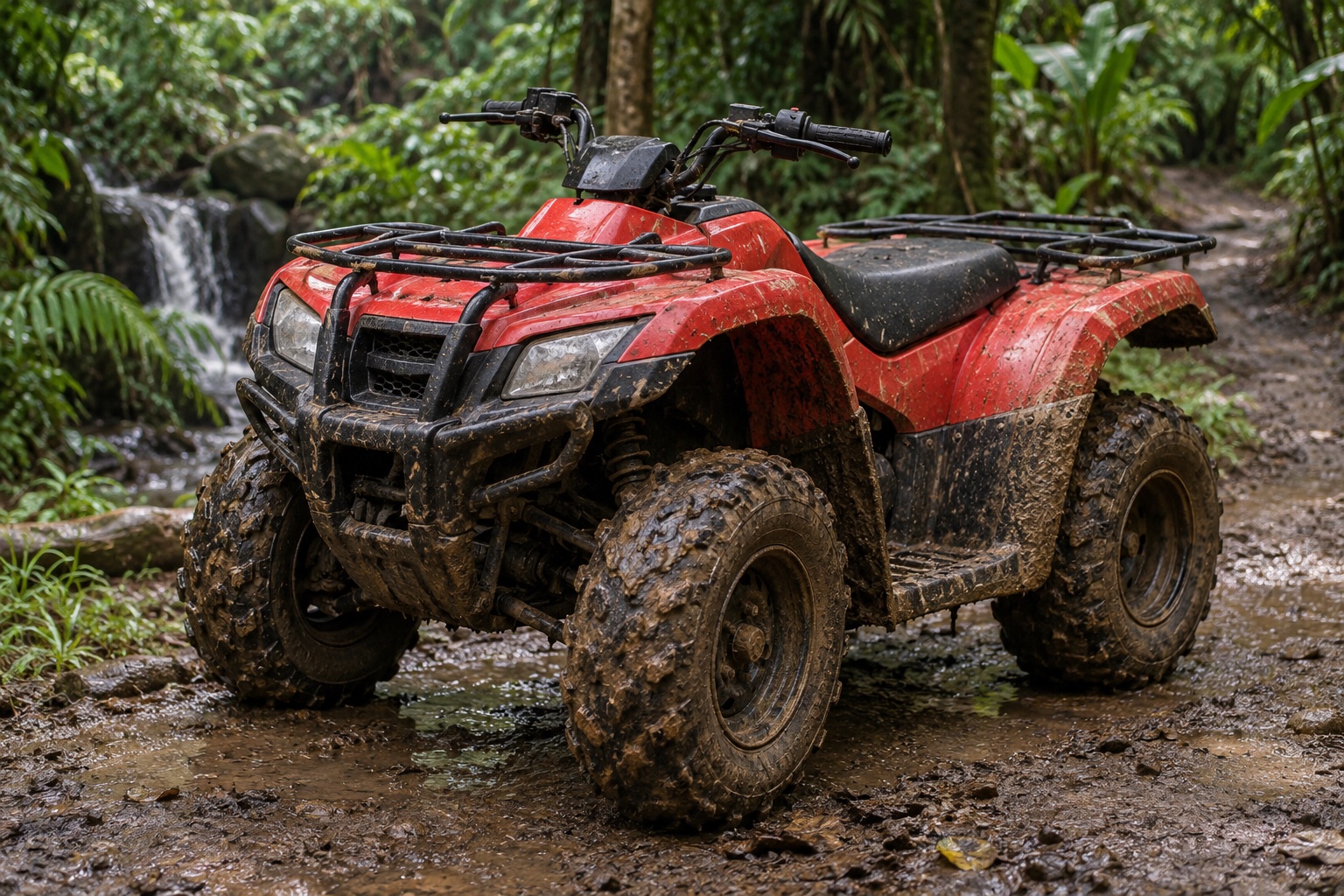 Illustrative red ATV on a muddy tropical trail; not an operator photograph