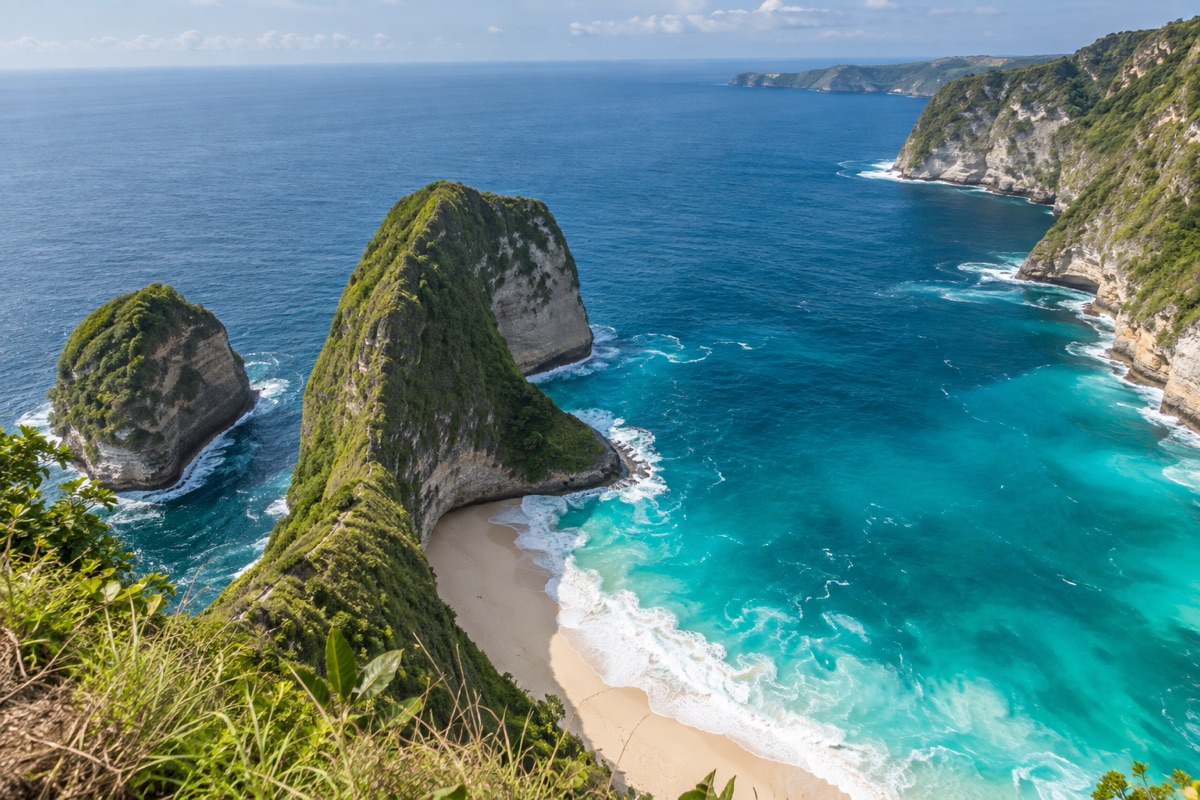 Illustrative coastal cliffs and blue ocean at Nusa Penida